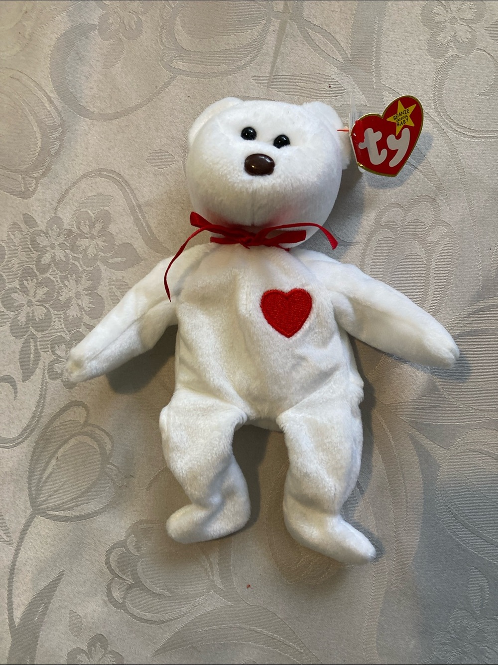 Ty White Valentino Bear Plush with Red Heart and Red Ribbon
